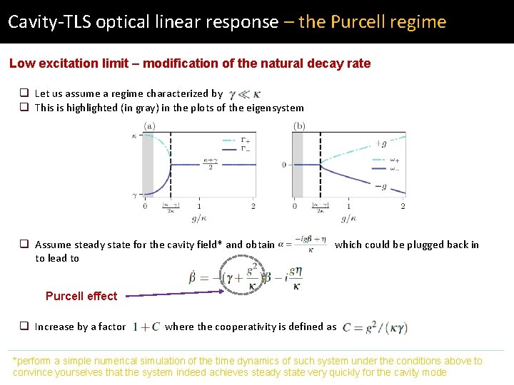 Cavity-TLS optical linear response – the Purcell regime Low excitation limit – modification of