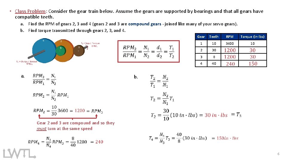  • Class Problem: Consider the gear train below. Assume the gears are supported