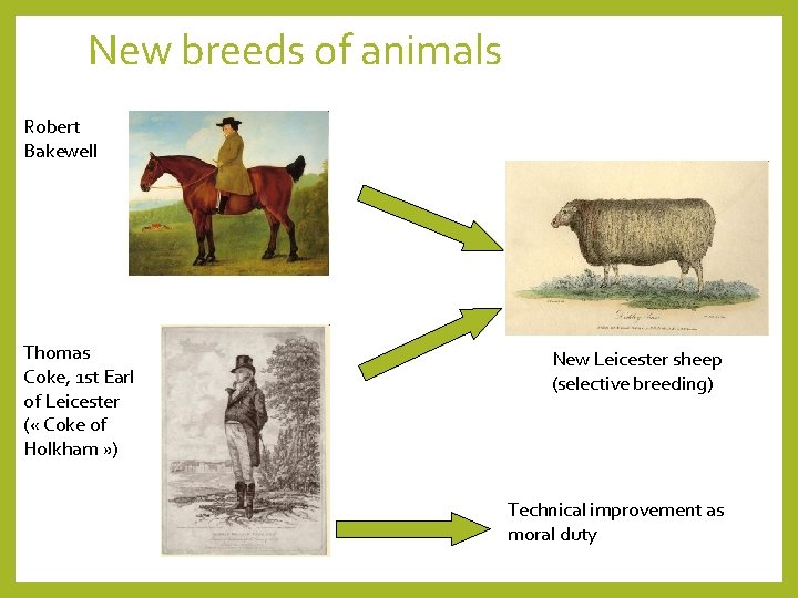 New breeds of animals Robert Bakewell Thomas Coke, 1 st Earl of Leicester (