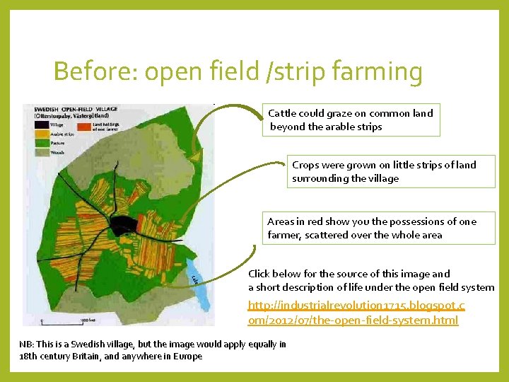 Before: open field /strip farming Cattle could graze on common land beyond the arable