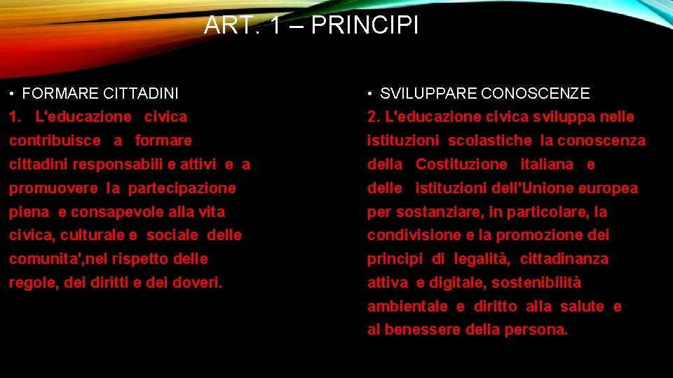 ART. 1 – PRINCIPI • FORMARE CITTADINI • SVILUPPARE CONOSCENZE 1. L'educazione civica 2.