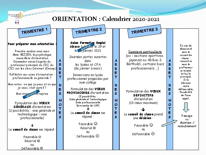 ORIENTATION : Calendrier 2020 -2021 TRIMES TRE 1 TRIMES Réfléchir aux voies d’orientation :