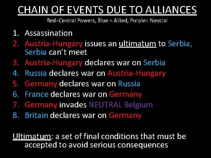CHAIN OF EVENTS DUE TO ALLIANCES Red=Central Powers, Blue = Allied, Purple= Neutral 1.