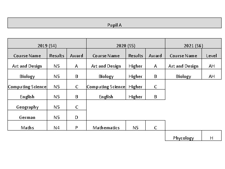 Pupil A 2019 (S 4) 2020 (S 5) 2021 (S 6) Course Name Results