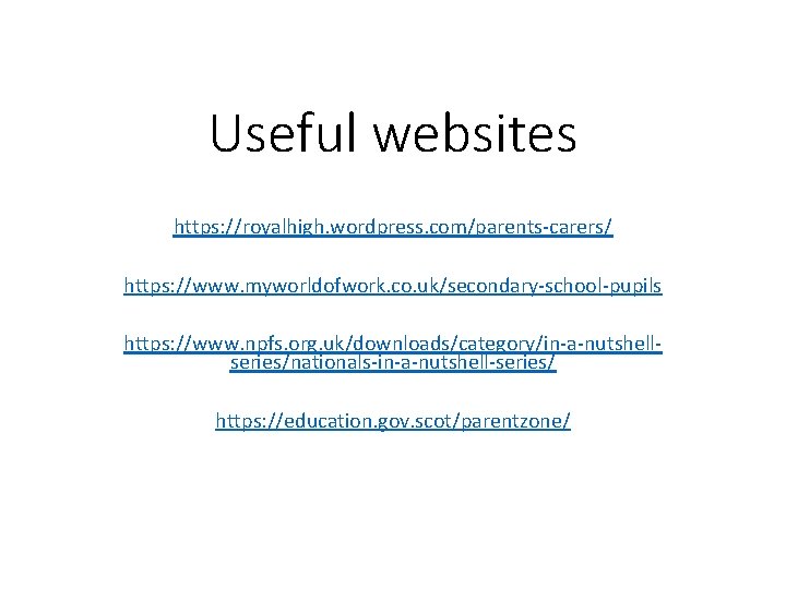 Useful websites https: //royalhigh. wordpress. com/parents-carers/ https: //www. myworldofwork. co. uk/secondary-school-pupils https: //www. npfs.