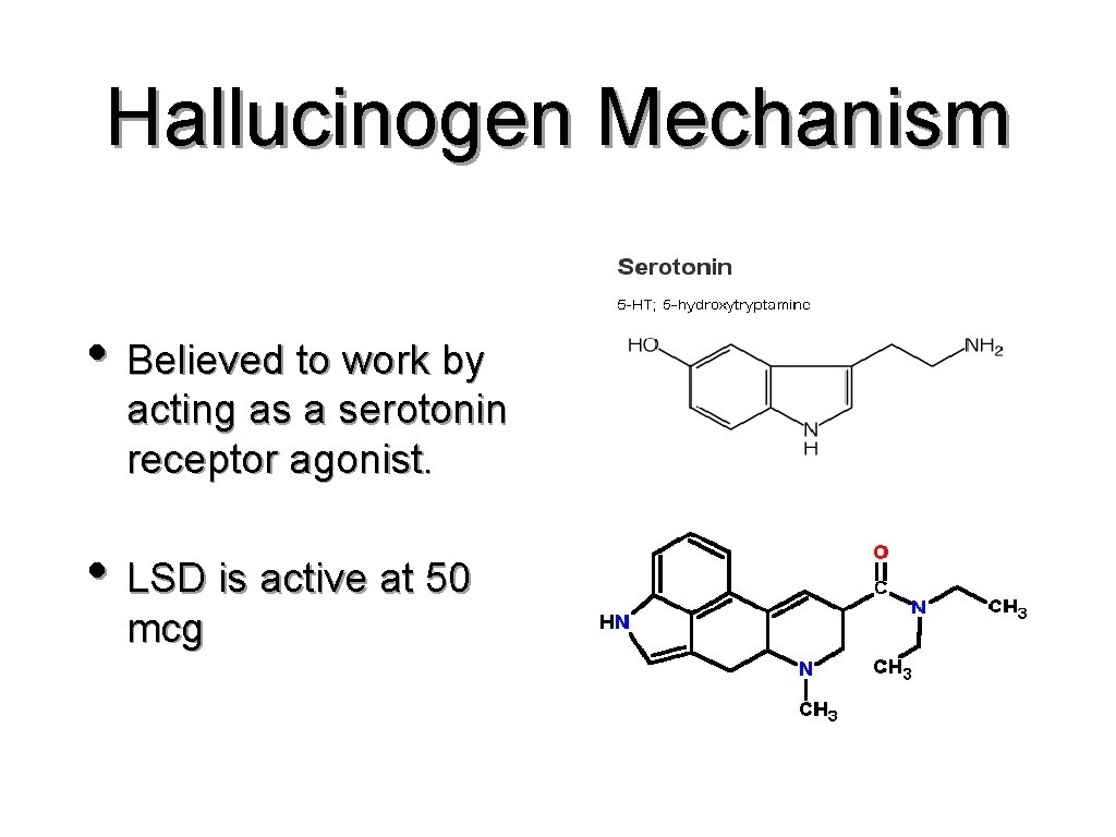 Hallucinogen Mechanism • Believed to work by acting as a serotonin receptor agonist. •