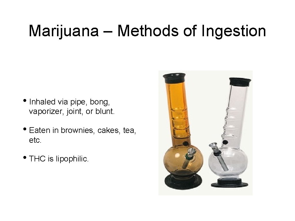 Marijuana – Methods of Ingestion • Inhaled via pipe, bong, vaporizer, joint, or blunt.