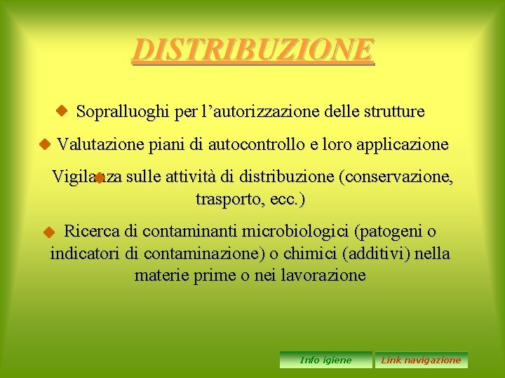 DISTRIBUZIONE Sopralluoghi per l’autorizzazione delle strutture Valutazione piani di autocontrollo e loro applicazione Vigilanza