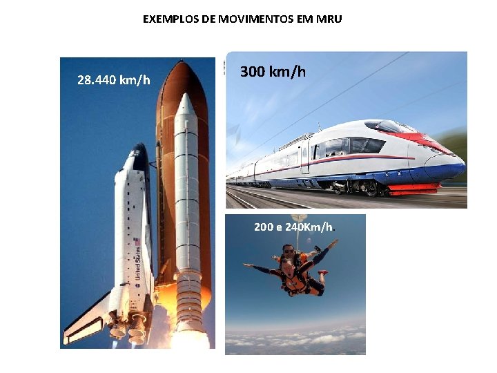EXEMPLOS DE MOVIMENTOS EM MRU 28. 440 km/h 300 km/h 200 e 240 Km/h.