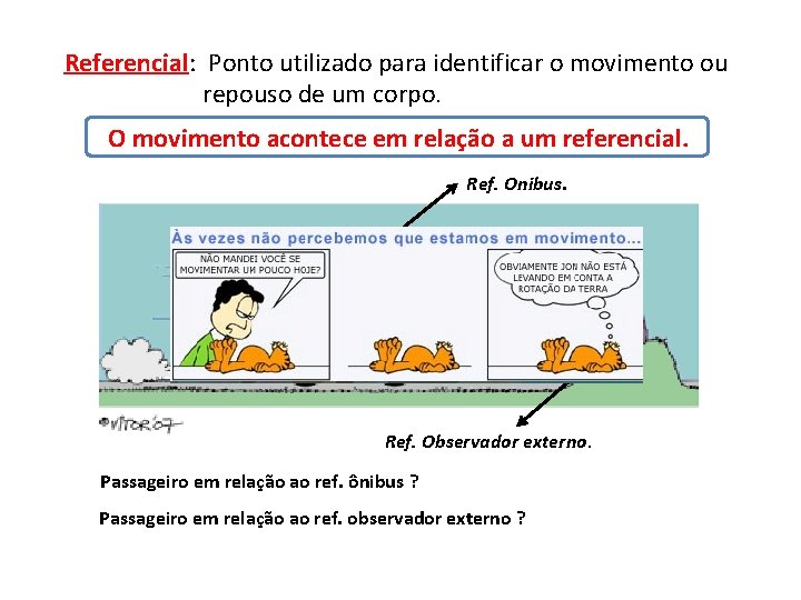 Referencial: Ponto utilizado para identificar o movimento ou repouso de um corpo. O movimento