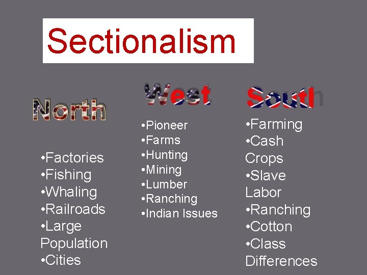 Sectionalism North • Factories • Fishing • Whaling • Railroads • Large Population •