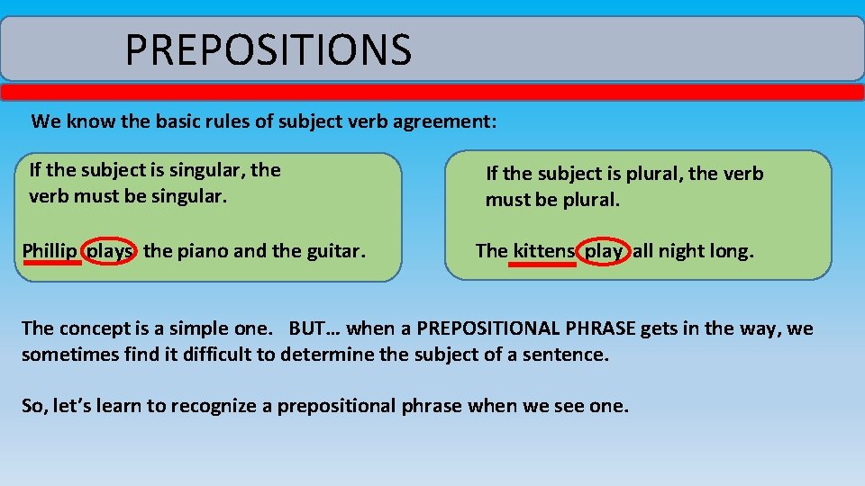 PREPOSITIONS We know the basic rules of subject verb agreement: If the subject is