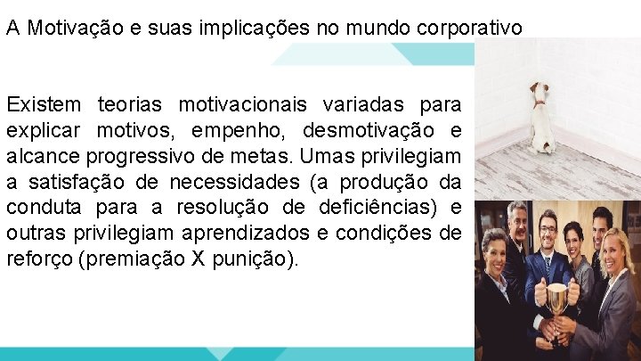 A Motivação e suas implicações no mundo corporativo Existem teorias motivacionais variadas para explicar