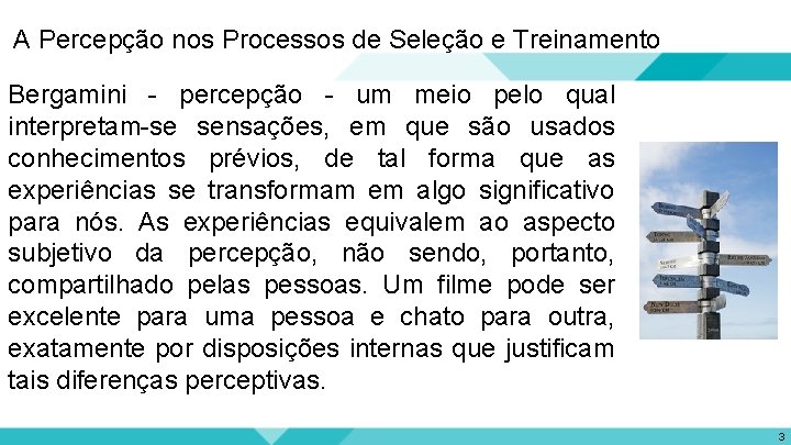 A Percepção nos Processos de Seleção e Treinamento Bergamini - percepção - um meio