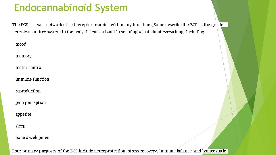 Endocannabinoid System The ECS is a vast network of cell receptor proteins with many