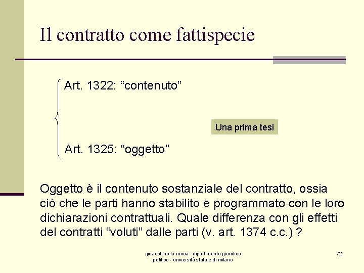 Il contratto come fattispecie Art. 1322: “contenuto” Una prima tesi Art. 1325: “oggetto” Oggetto