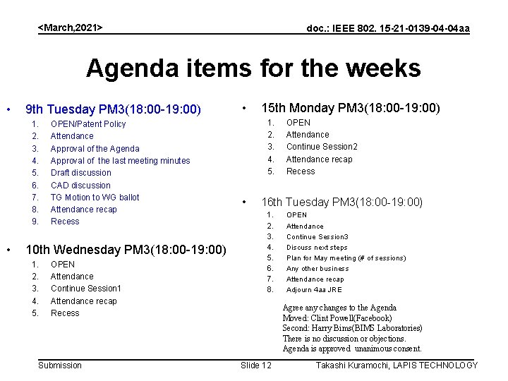<March, 2021> doc. : IEEE 802. 15 -21 -0139 -04 -04 aa Agenda items