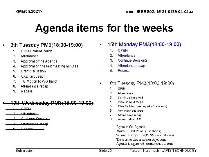 <March, 2021> doc. : IEEE 802. 15 -21 -0139 -04 -04 aa Agenda items