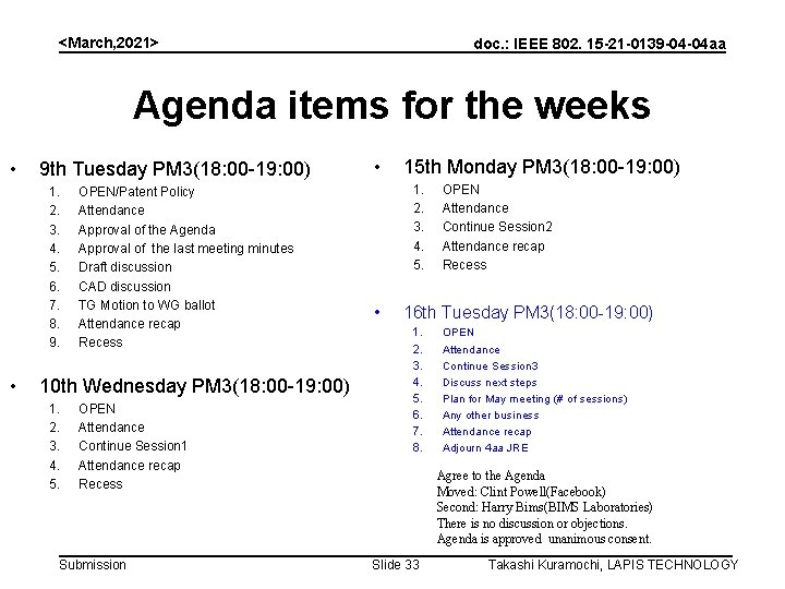 <March, 2021> doc. : IEEE 802. 15 -21 -0139 -04 -04 aa Agenda items
