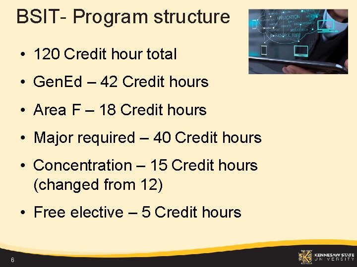 BSIT- Program structure • 120 Credit hour total • Gen. Ed – 42 Credit