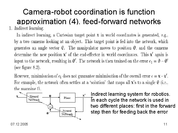 Camera-robot coordination is function approximation (4). feed-forward networks Indirect learning system for robotics. In