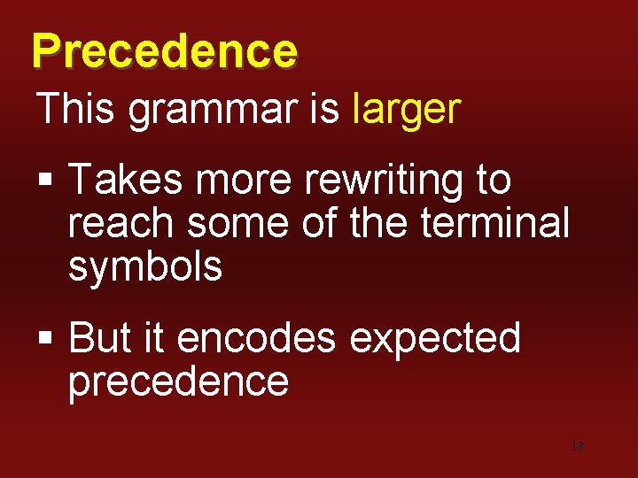 Precedence This grammar is larger § Takes more rewriting to reach some of the