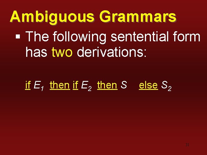 Ambiguous Grammars § The following sentential form has two derivations: if E 1 then