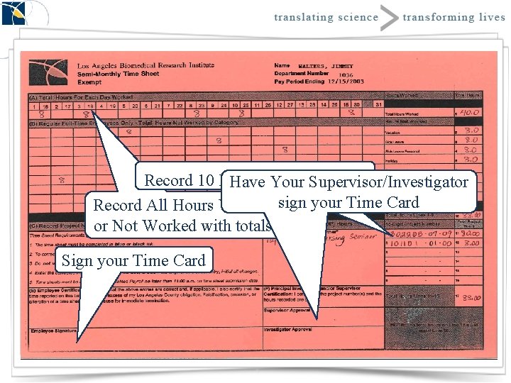 Record 10 Digit Number Have. Project Your Supervisor/Investigator Record All Hours Worked sign your