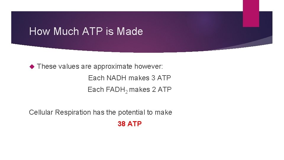 How Much ATP is Made These values are approximate however: Each NADH makes 3