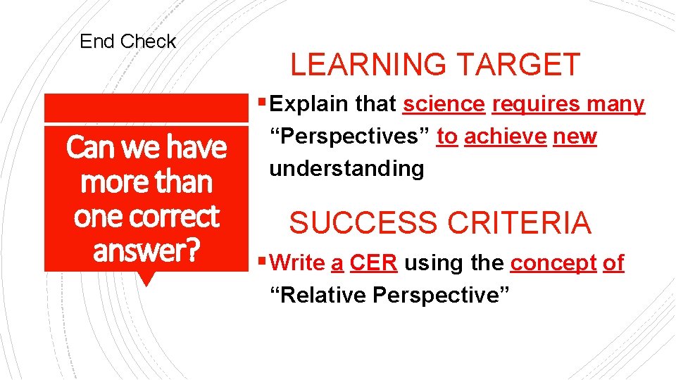 End Check LEARNING TARGET § Explain that science requires many Can we have more