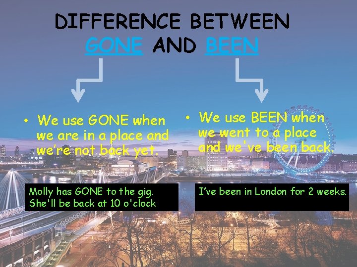 DIFFERENCE BETWEEN GONE AND BEEN • We use GONE when we are in a