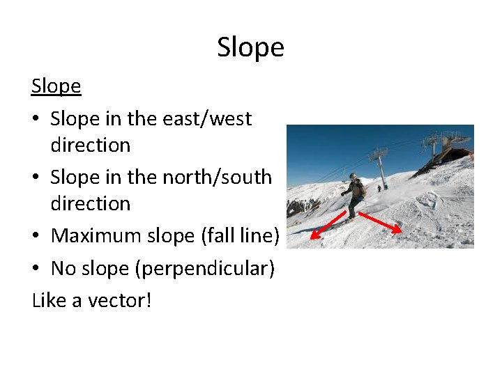 Slope • Slope in the east/west direction • Slope in the north/south direction •