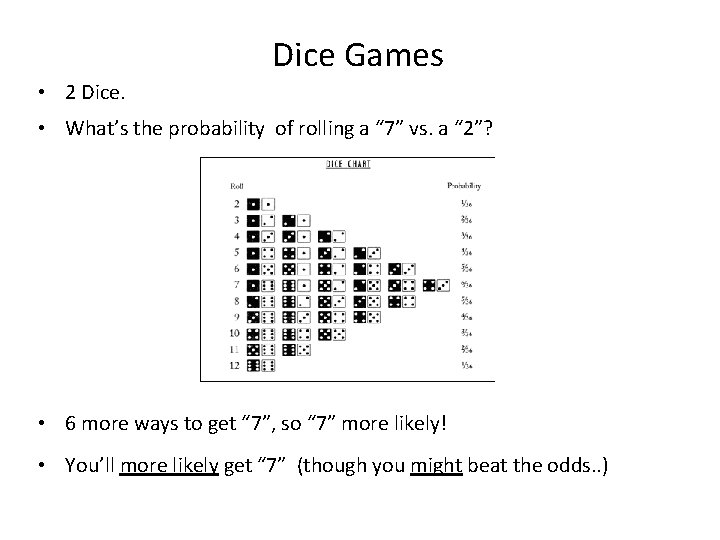 Dice Games • 2 Dice. • What’s the probability of rolling a “ 7”