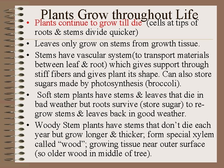  • • • Plants Grow throughout Life Plants continue to grow till die