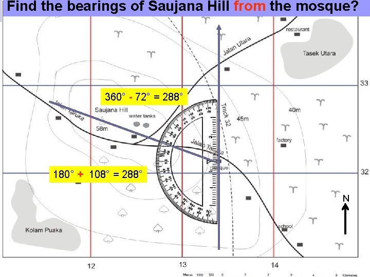 Find the bearings of Saujana Hill from the mosque? 360° - 72° = 288°