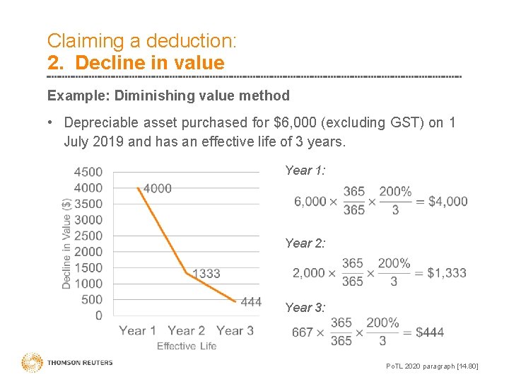 Claiming a deduction: 2. Decline in value Example: Diminishing value method • Depreciable asset