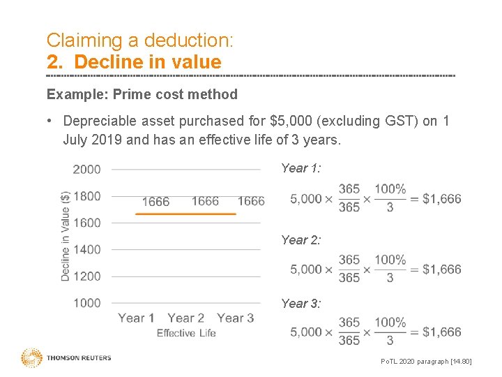 Claiming a deduction: 2. Decline in value Example: Prime cost method • Depreciable asset