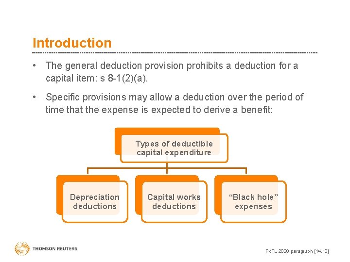 Introduction • The general deduction provision prohibits a deduction for a capital item: s