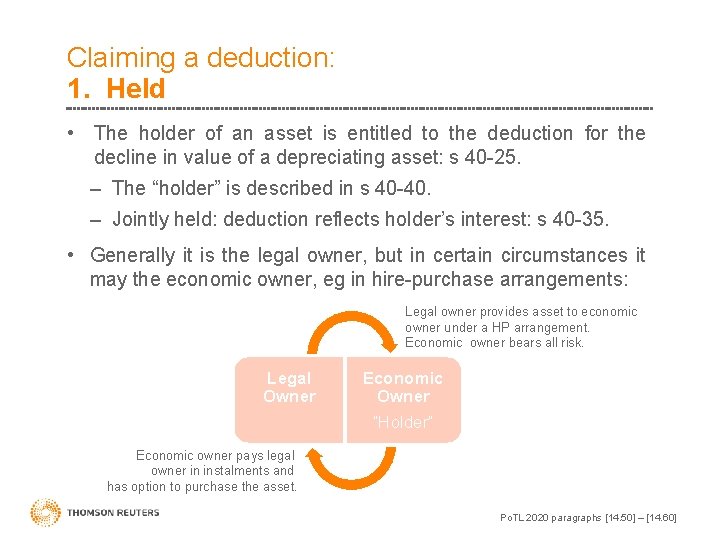 Claiming a deduction: 1. Held • The holder of an asset is entitled to