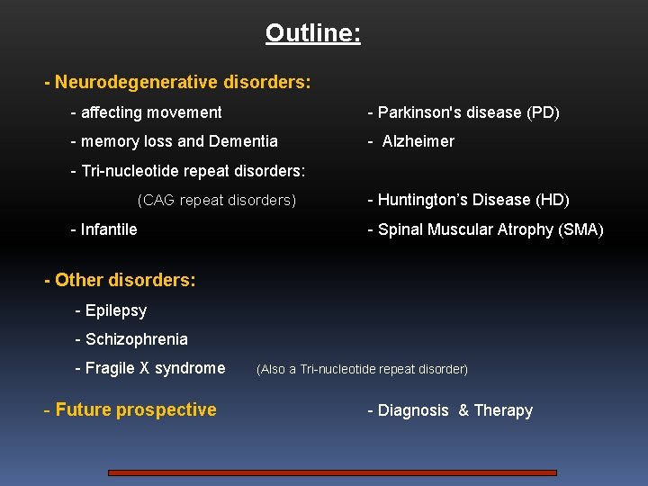 Outline: - Neurodegenerative disorders: - affecting movement - Parkinson's disease (PD) - memory loss