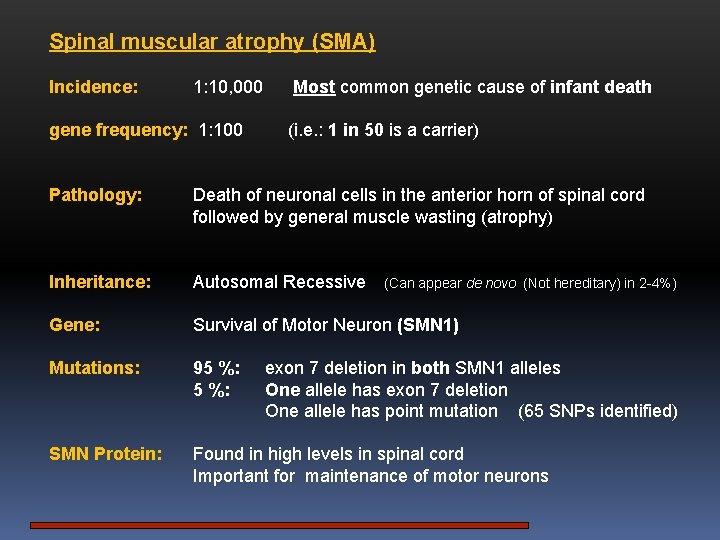 Spinal muscular atrophy (SMA) Incidence: 1: 10, 000 gene frequency: 1: 100 Most common