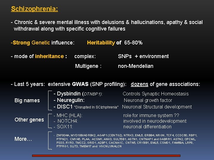 Schizophrenia: - Chronic & severe mental illness with delusions & hallucinations, apathy & social