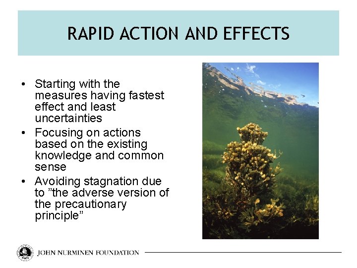 RAPID ACTION AND EFFECTS • Starting with the measures having fastest effect and least