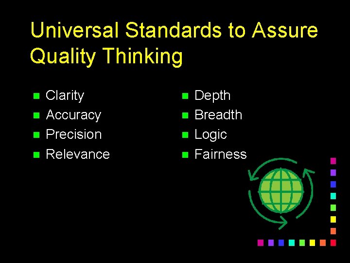 Universal Standards to Assure Quality Thinking n n Clarity Accuracy Precision Relevance n n