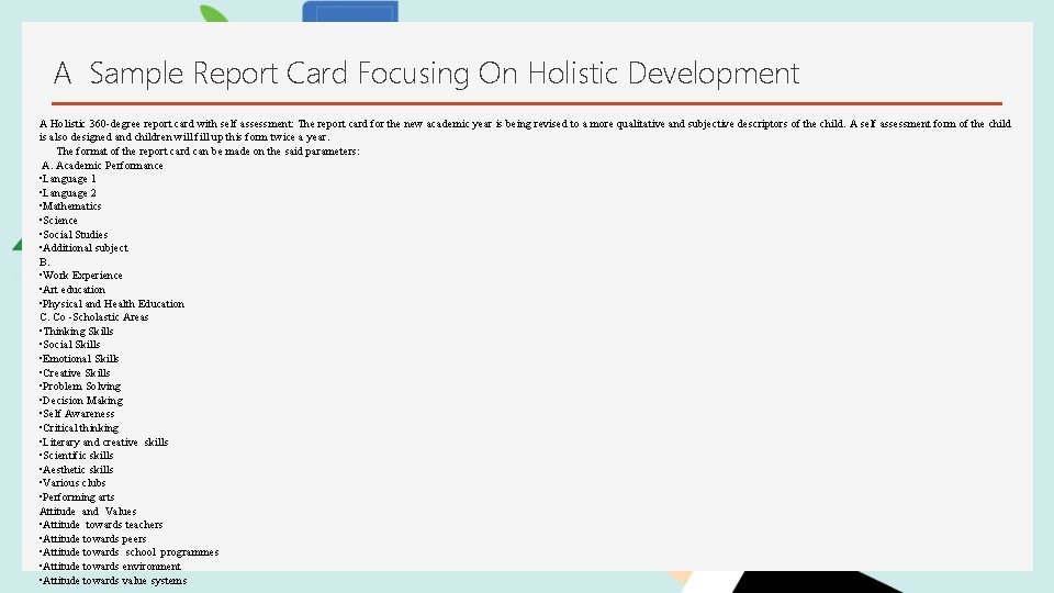 A Sample Report Card Focusing On Holistic Development A Holistic 360 -degree report card