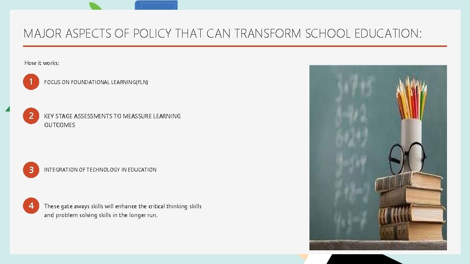 MAJOR ASPECTS OF POLICY THAT CAN TRANSFORM SCHOOL EDUCATION: How it works: 1 FOCUS MAJOR ASPECTS OF POLICY THAT CAN TRANSFORM SCHOOL EDUCATION: How it works: 1 FOCUS