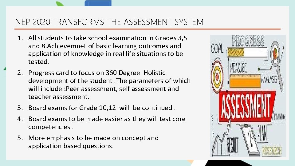 NEP 2020 TRANSFORMS THE ASSESSMENT SYSTEM 1. All students to take school examination in