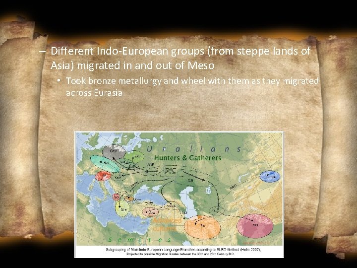 – Different Indo-European groups (from steppe lands of Asia) migrated in and out of