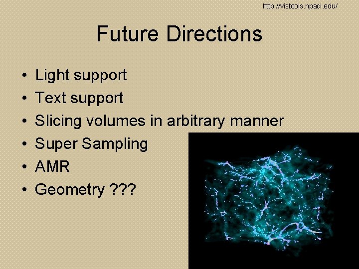 http: //vistools. npaci. edu/ Future Directions • • • Light support Text support Slicing