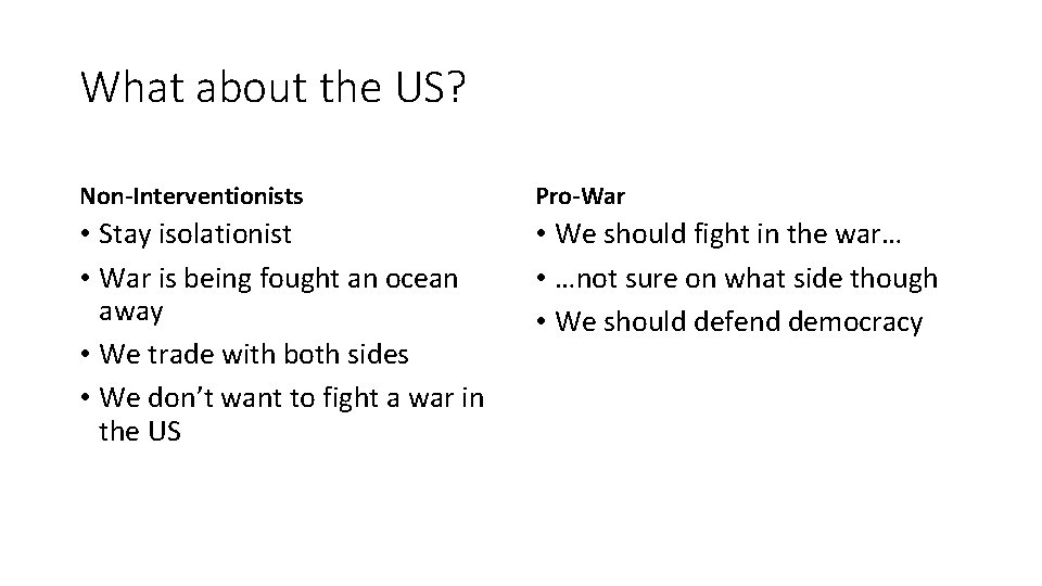 What about the US? Non-Interventionists Pro-War • Stay isolationist • War is being fought